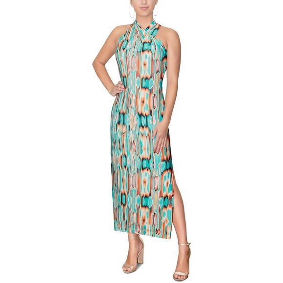 NEW Rachel Roy abstract halter neck long maxi dress slit retro - Picture 1 of 8